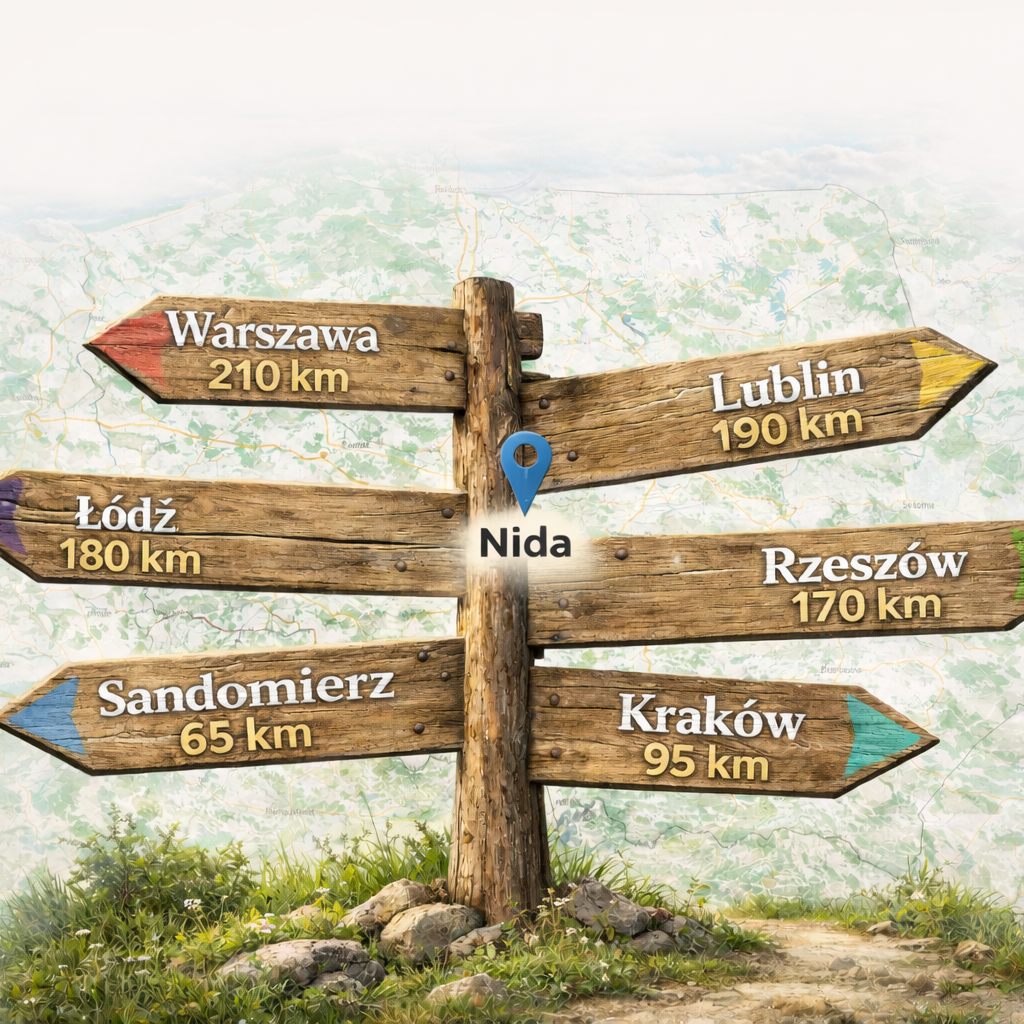 Odległości do rzeki Nida z Warszawy, Krakowa, Łodzi, Lublina, Rzeszowa i Sandomierza